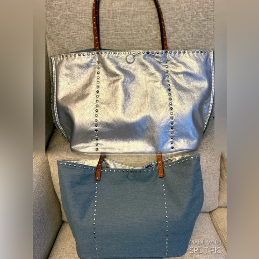 REVERSIBLE/PRISTINE Silver Studded/Denim Studded Tote Bag